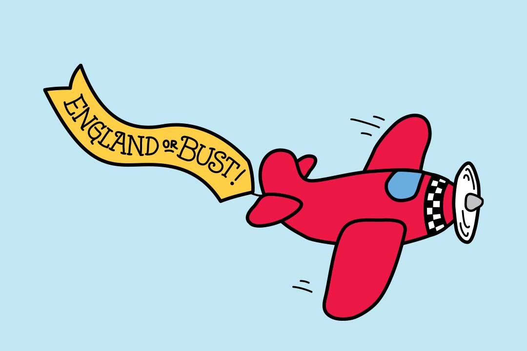 Lecący samolot z banerem „England or Bust”